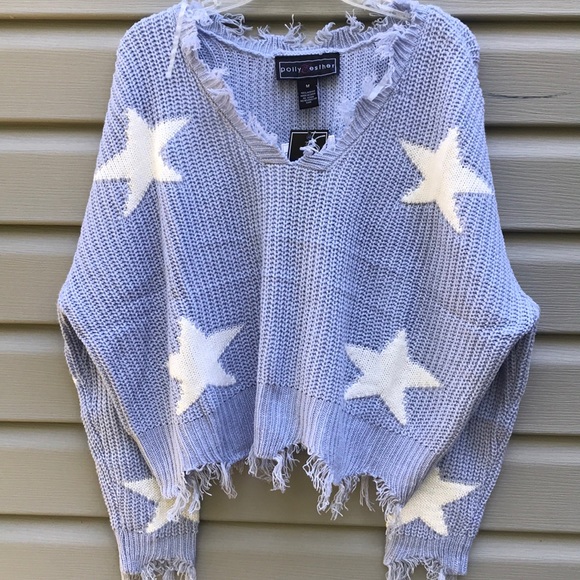 Polly & Esther Sweaters - Oversized Stars Frayed Hem Sweater